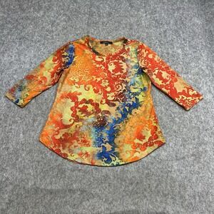 Calessa‎ Blouse Womens M Multi Floral Scoop Neck 3/4 Sleeve Tunic Stretch Top